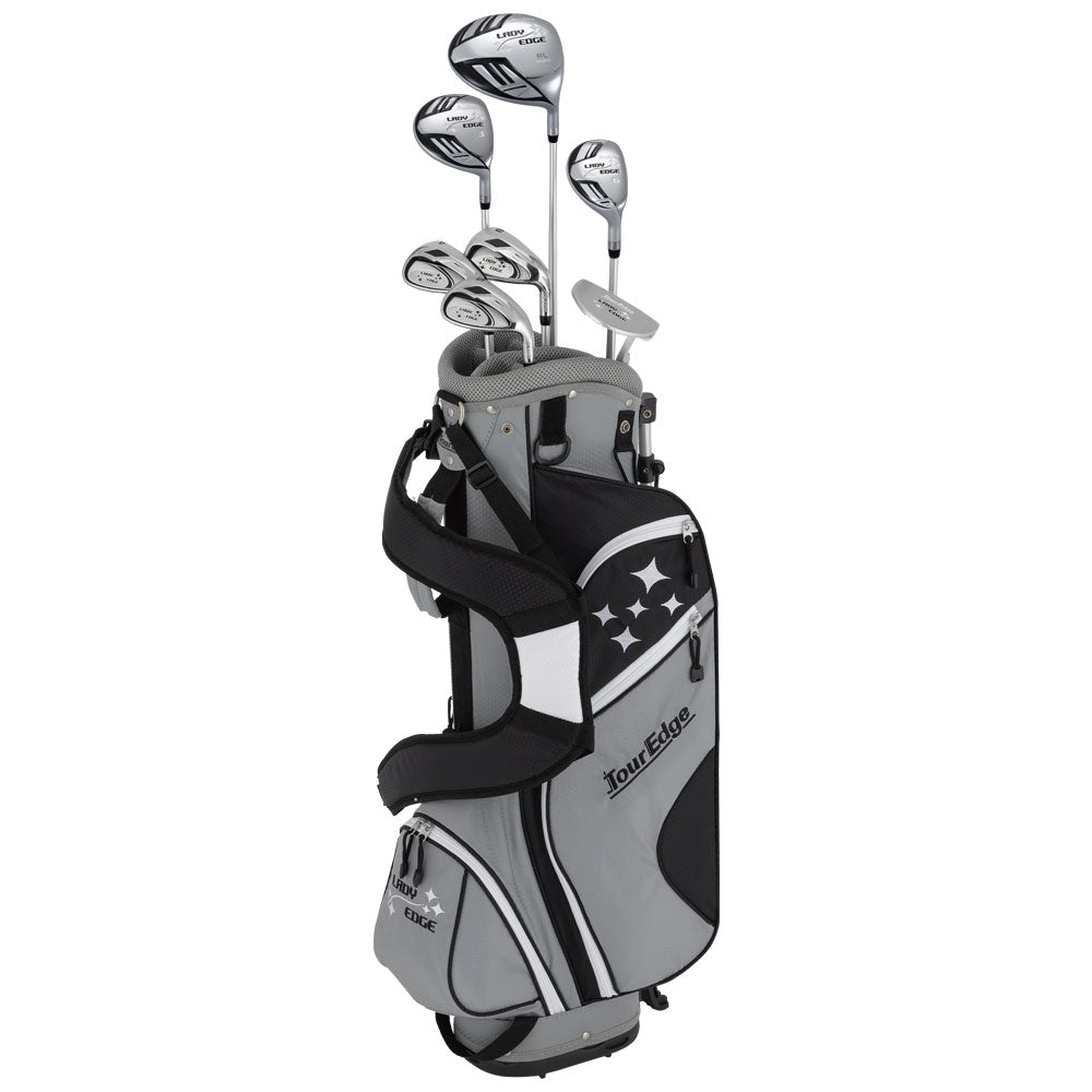 full view of tour edge lady edge starter set with stand bag black white